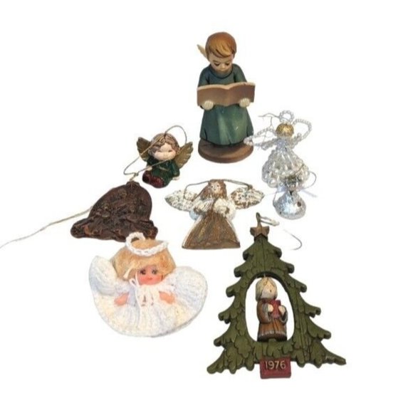8 Angels Christmas Ornaments Caroler Twirl Around Beaded Knit Ceramic Lot 1976 - Picture 1 of 16
